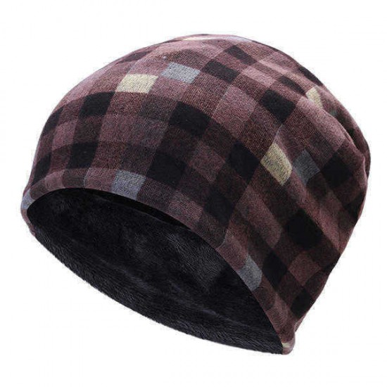 Mens Women British Style Grid Cotton Beanies Hat Thicken Velvet Warm Hat And Scarf