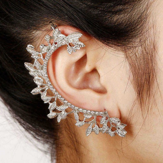 Metal Leaf Crystal Rhinestone Ear Cuff Stud Earring for Women