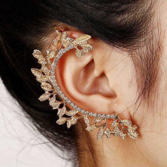 Metal Leaf Crystal Rhinestone Ear Cuff Stud Earring for Women