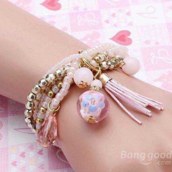 Multilayer Beads Tassel Charm Strand Stretch Bracelet For Women