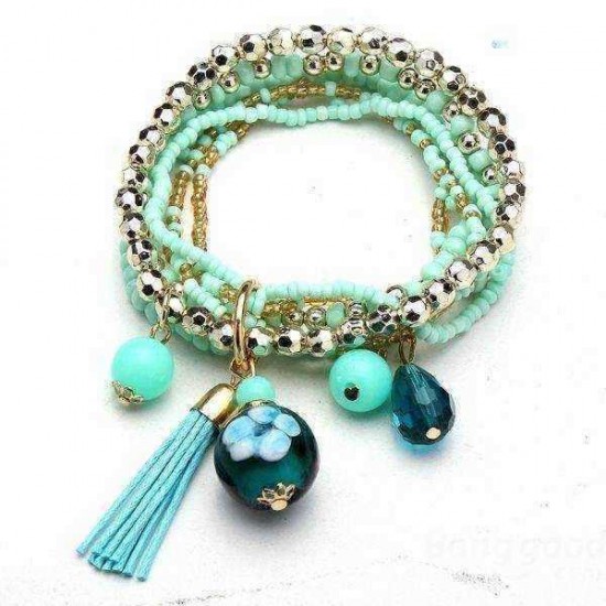 Multilayer Beads Tassel Charm Strand Stretch Bracelet For Women