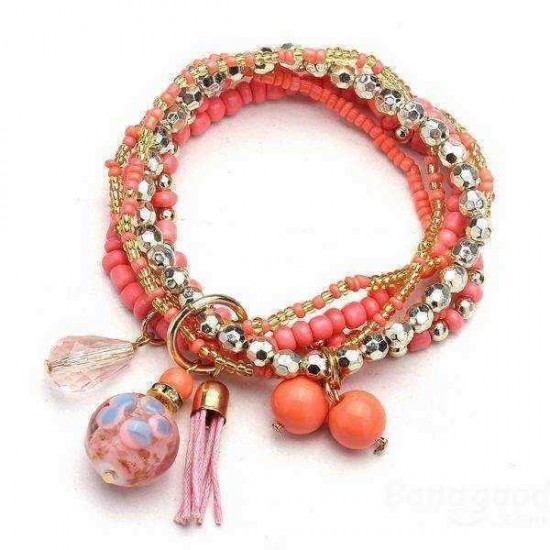 Multilayer Beads Tassel Charm Strand Stretch Bracelet For Women