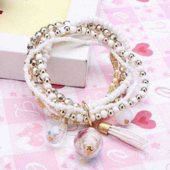 Multilayer Beads Tassel Charm Strand Stretch Bracelet For Women