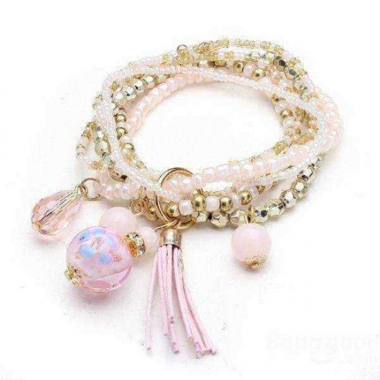 Multilayer Beads Tassel Charm Strand Stretch Bracelet For Women