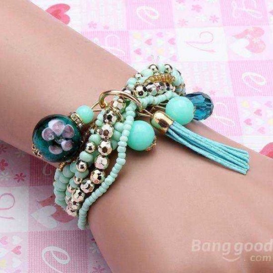 Multilayer Beads Tassel Charm Strand Stretch Bracelet For Women