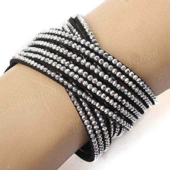 Multilayer Rhinestone Leather Wrap Bracelet Bangle For Women