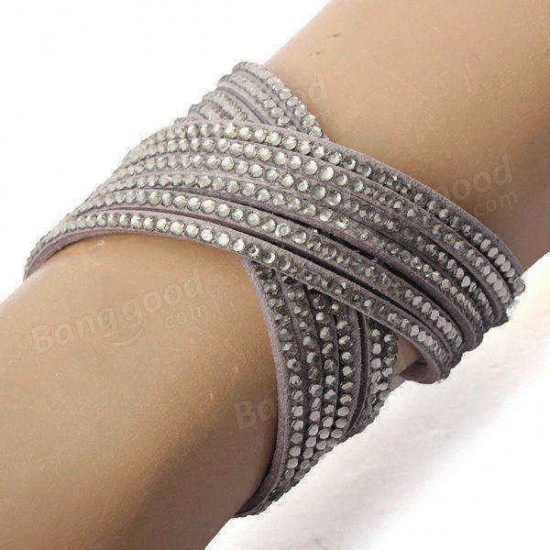 Multilayer Rhinestone Leather Wrap Bracelet Bangle For Women