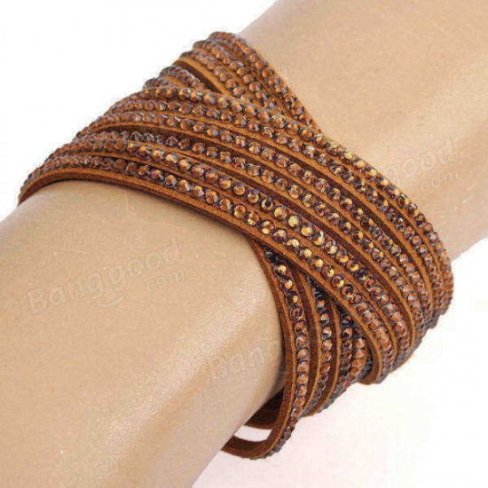 Multilayer Rhinestone Leather Wrap Bracelet Bangle For Women