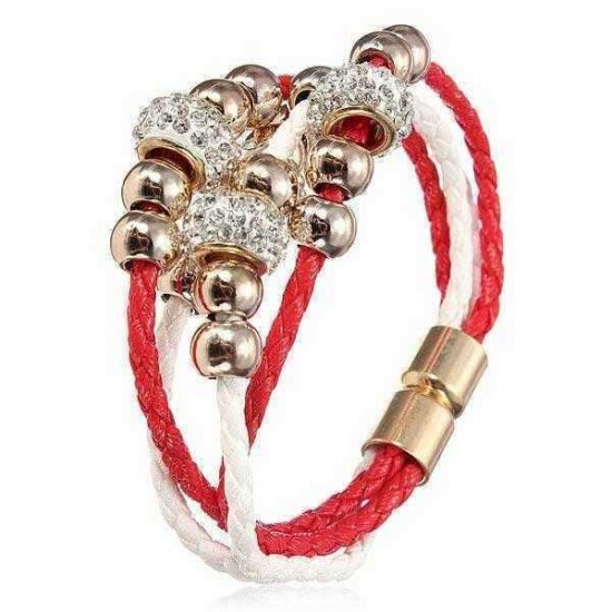 Multilayer Rhinestone Pearl Beads Bangle Braided Leather Bracelet