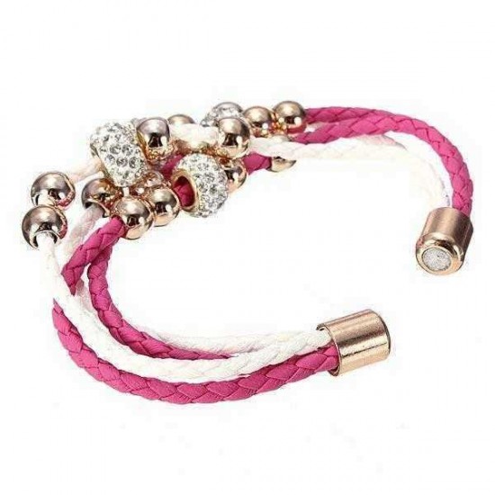 Multilayer Rhinestone Pearl Beads Bangle Braided Leather Bracelet