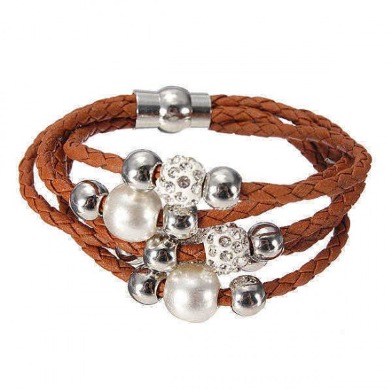 Multilayer Rhinestone Pearl Beads Bangle Braided Leather Bracelet