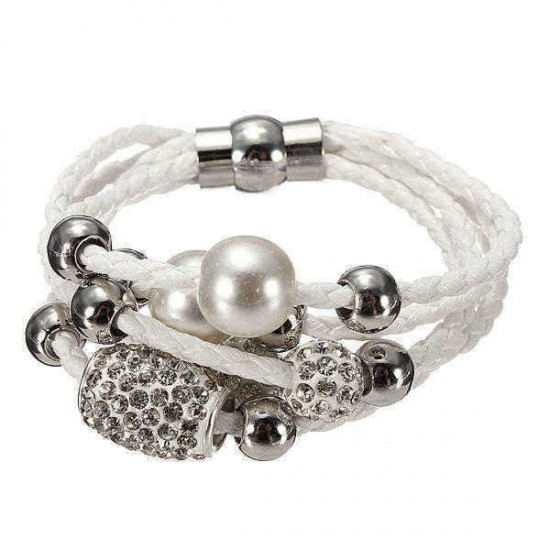 Multilayer Rhinestone Pearl Beads Bangle Braided Leather Bracelet