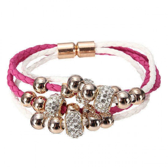 Multilayer Rhinestone Pearl Beads Bangle Braided Leather Bracelet