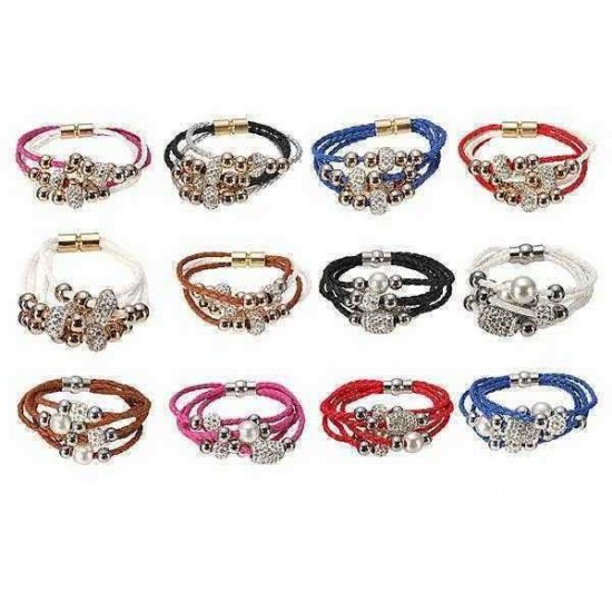 Multilayer Rhinestone Pearl Beads Bangle Braided Leather Bracelet