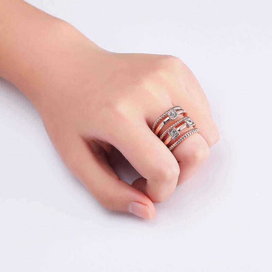 Multilayer Stylish Wide Ring Rhinestone Twist Line Rose Gold Elegant Women Jewelry