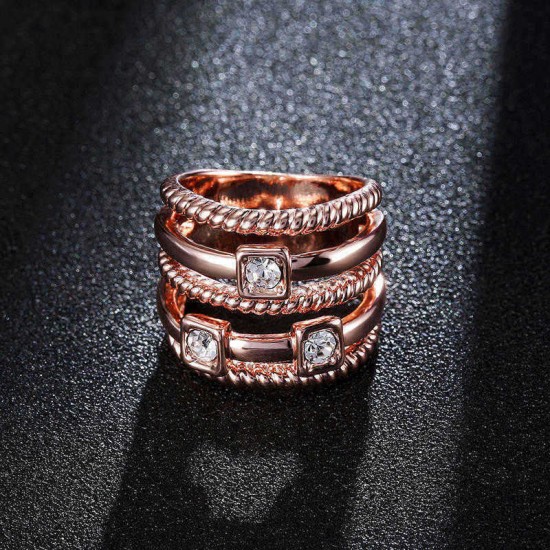 Multilayer Stylish Wide Ring Rhinestone Twist Line Rose Gold Elegant Women Jewelry