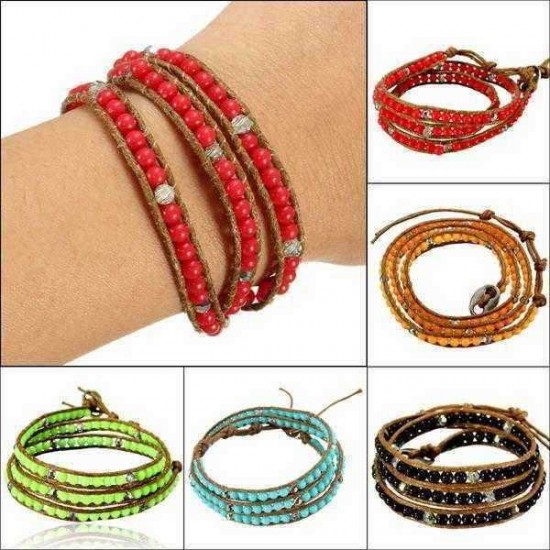 Multilayer Turquoise Stone Bead Leather Cord Wrap Braided Bracelet