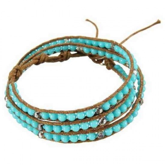 Multilayer Turquoise Stone Bead Leather Cord Wrap Braided Bracelet