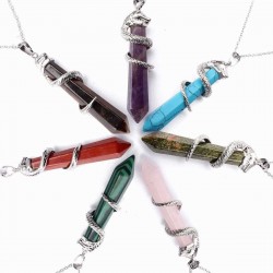 Natural Hexagonal Prism Gemstone Snake Pendant Necklace Jewelry