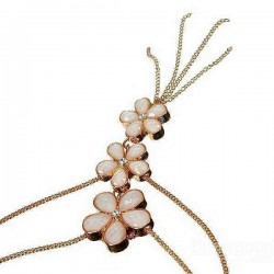 Opal Crystal Three Flowers Double Layers Long Golden Chain Necklace