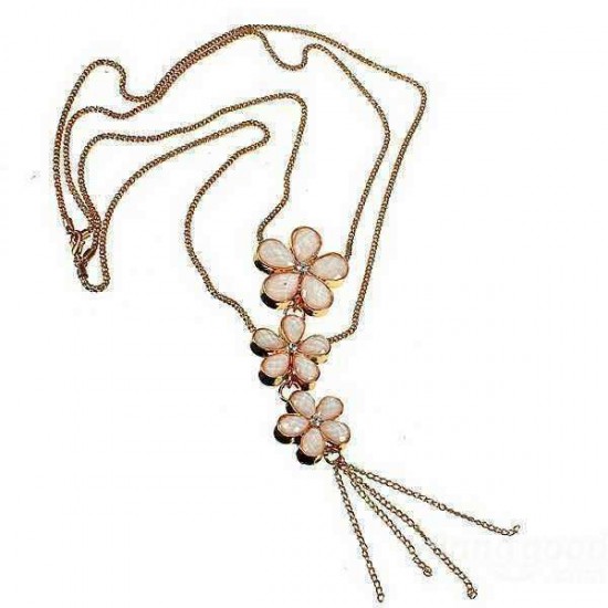 Opal Crystal Three Flowers Double Layers Long Golden Chain Necklace