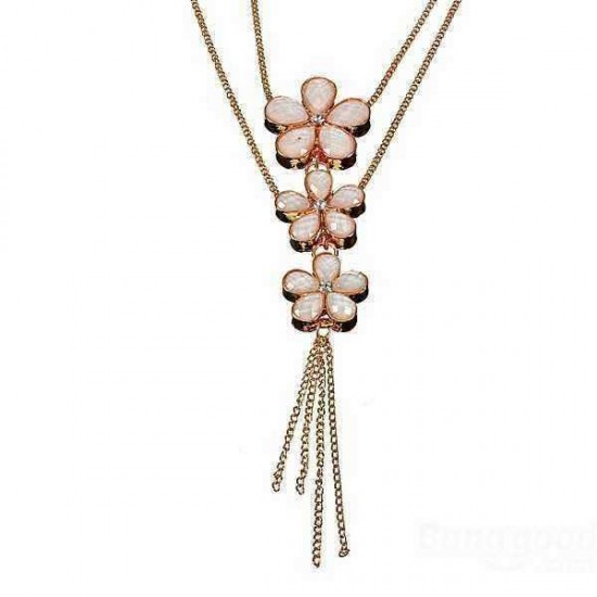 Opal Crystal Three Flowers Double Layers Long Golden Chain Necklace