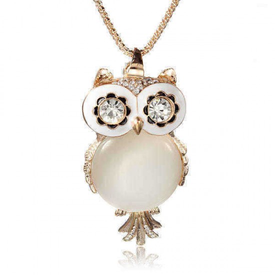 Opal Owl Crystal Rhinestone Gemstone Necklace Sweater Chain