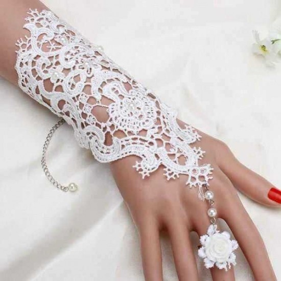 Pearl Lace Flower Wedding Bridal Gloves Ring Bracelet For Women