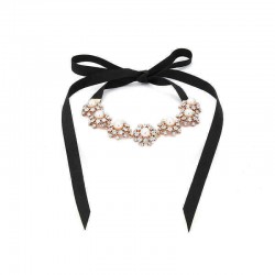 Pearl Rhinestone Flower Pendant Black Lace Long Necklace Elegant for Women Clothing Accessories