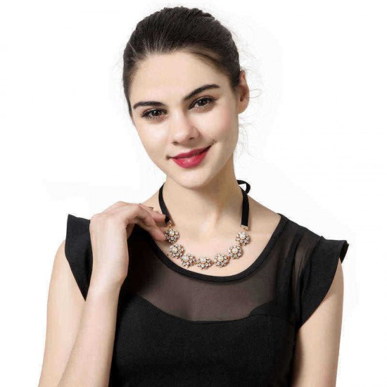 Pearl Rhinestone Flower Pendant Black Lace Long Necklace Elegant for Women Clothing Accessories