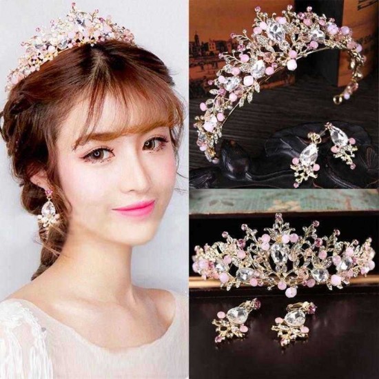 Pink Wedding Bridal Jewelry Crystal Tiara Crown Headband Headpiece Earrings Set