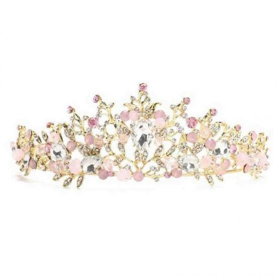 Pink Wedding Bridal Jewelry Crystal Tiara Crown Headband Headpiece Earrings Set