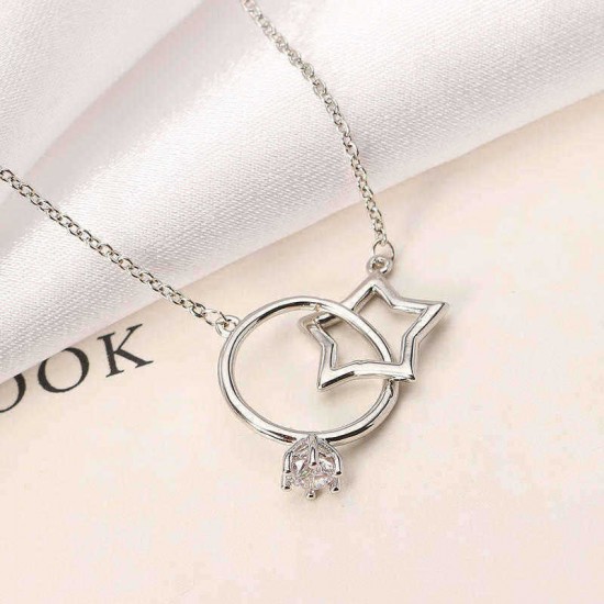 Platinum Plated Sweet Wedding Ring and Five-pointed Star Interlinked Pendant Necklace for Women