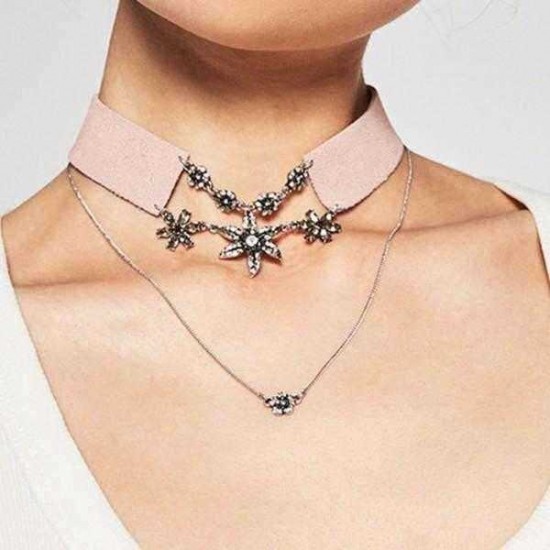 Punk Cotton Collar Flower Rhinestone Tassel Two Layers Necklace