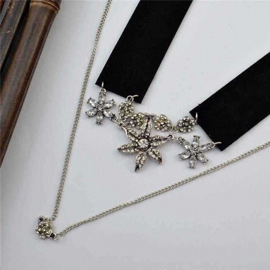 Punk Cotton Collar Flower Rhinestone Tassel Two Layers Necklace