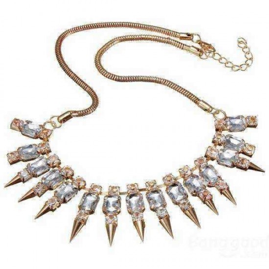 Punk Gold Rhinestone Metal Spike Rivets Snake Chain Necklace For Women