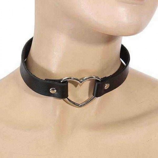 Punk Heart Button Leather Choker Collar Necklace Handmade Jewelry for Women