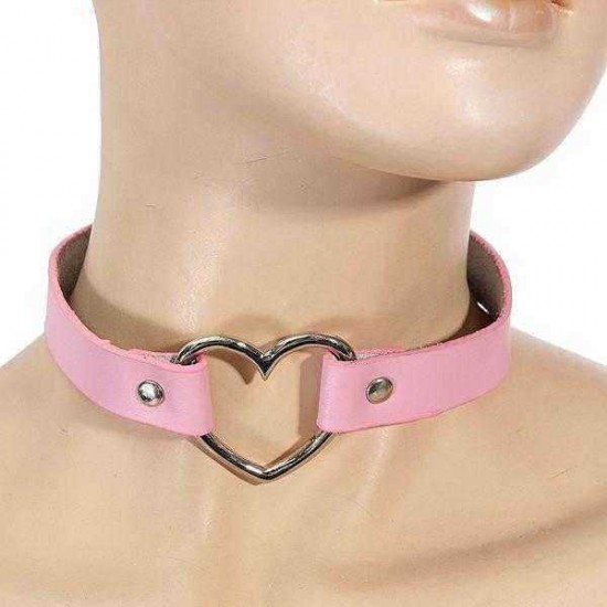 Punk Heart Button Leather Choker Collar Necklace Handmade Jewelry for Women