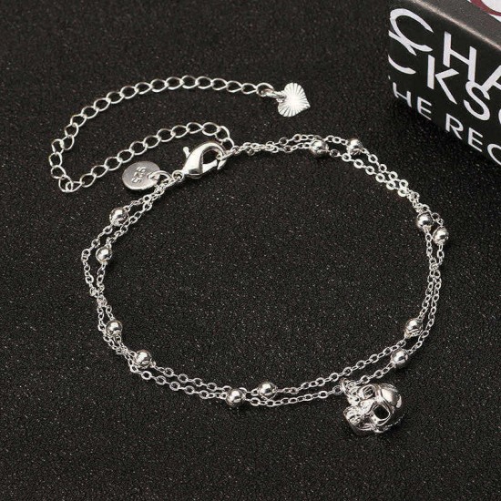 Punk Skull Pendant Double Layer Bell Foot Chain Silver Plated Anklet