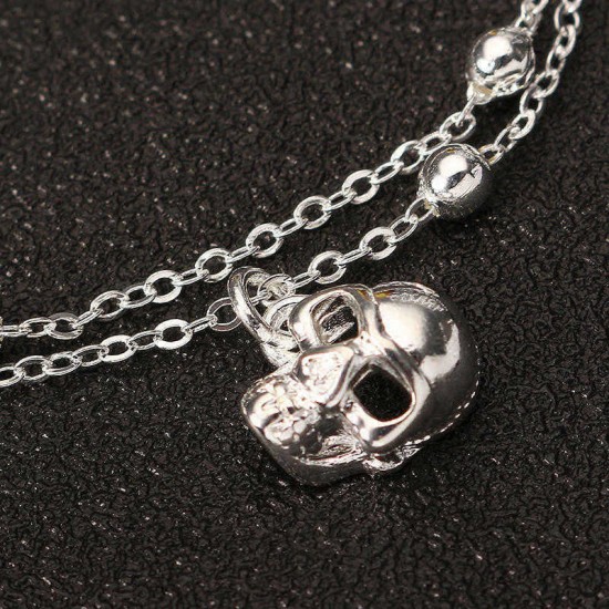 Punk Skull Pendant Double Layer Bell Foot Chain Silver Plated Anklet