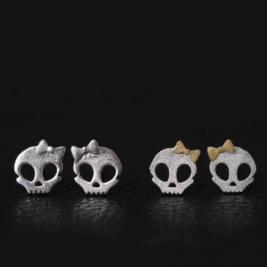 Punk Skull Skeleton Golden Bowknot Ear Stud Vintage Silver Earring Gift for Girl Women