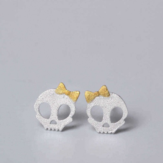 Punk Skull Skeleton Golden Bowknot Ear Stud Vintage Silver Earring Gift for Girl Women