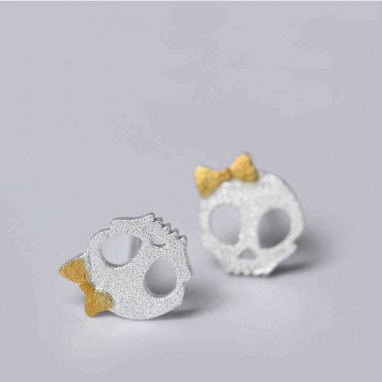 Punk Skull Skeleton Golden Bowknot Ear Stud Vintage Silver Earring Gift for Girl Women