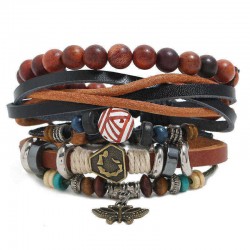 Punk Vintage Woven Leather Multi-layer Bracelet Handmade Beaded Three-piece Bracelet