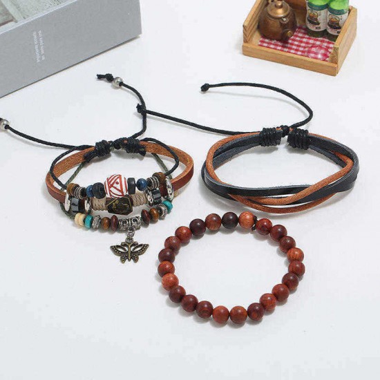 Punk Vintage Woven Leather Multi-layer Bracelet Handmade Beaded Three-piece Bracelet