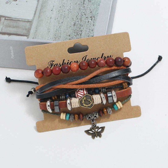 Punk Vintage Woven Leather Multi-layer Bracelet Handmade Beaded Three-piece Bracelet