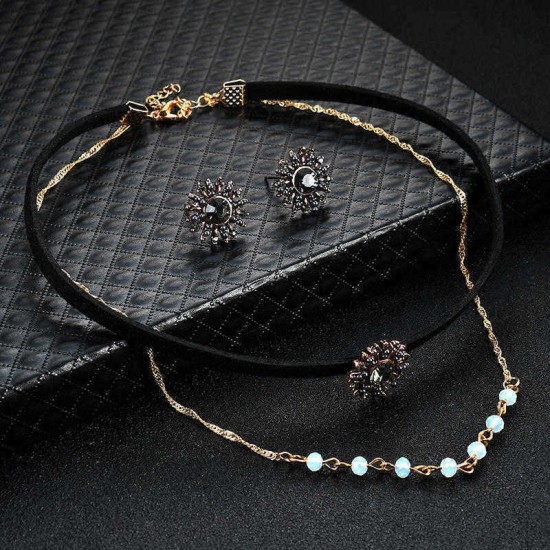 Punk Women Jewelry Set Double Layer Gold Chain Choker Piercing Black Rhinestone Sun Shape Earrings