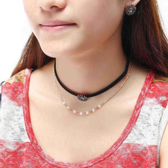 Punk Women Jewelry Set Double Layer Gold Chain Choker Piercing Black Rhinestone Sun Shape Earrings