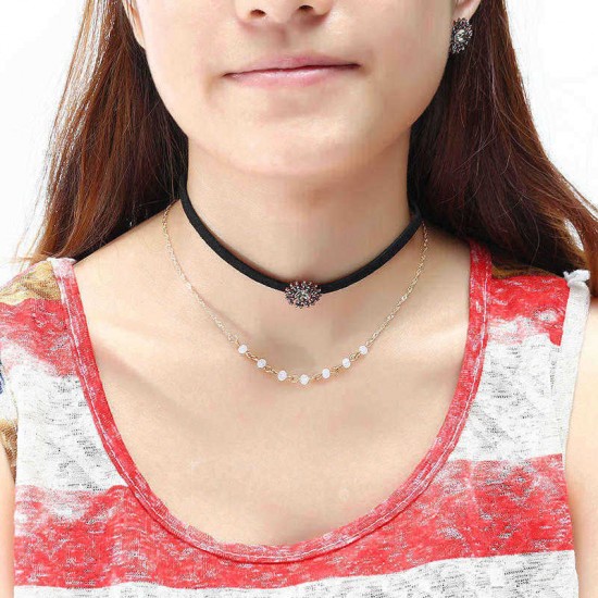 Punk Women Jewelry Set Double Layer Gold Chain Choker Piercing Black Rhinestone Sun Shape Earrings