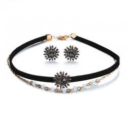 Punk Women Jewelry Set Double Layer Gold Chain Choker Piercing Black Rhinestone Sun Shape Earrings